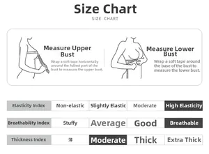 Size chart showing bust measurement guide and high elasticity performance for yoga top