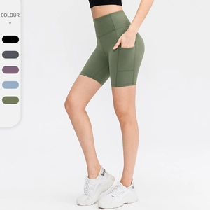 Women High Waist Yoga Shorts Nylon Sport Shorts With Side Pockets Biker Shorts Tummy Control Butt Lifting Gym Training Top