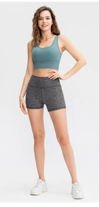 Deep grey leopard print high waist yoga shorts and racerback sports bra set