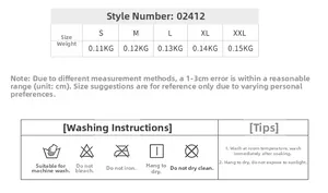 Size chart and care instructions for camouflage yoga shorts style 02412 from S to XXL