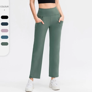 Women High Waist Loose Yoga Pants Straight Wide Leg Fitness Trousers Nylon Spandex Elastic Running Sport Bottom With Pockets