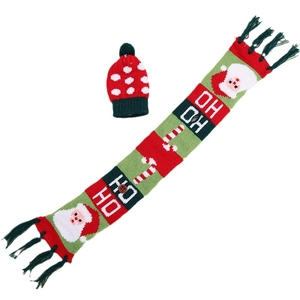 Knitted Christmas wine bottle set with festive red and green hat and scarf decorations