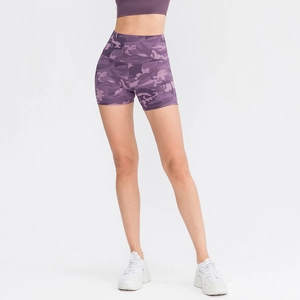 High-waisted purple camouflage yoga shorts for women with elastic performance fabric
