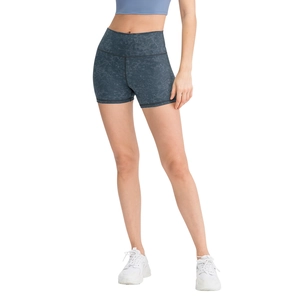 Women's high-waisted camo print yoga shorts with tummy control in dark grey marble pattern