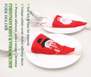 Christmas cutlery holder set featuring Santa and snowman embroidery on red felt hats