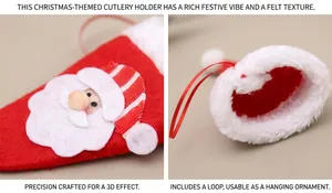 Detailed view of Santa Claus themed mini Christmas hat cutlery holder with red hanging loop