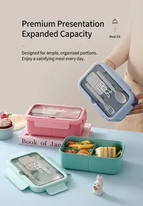 Divided lunch box set with built-in cutlery storage and transparent lid for students