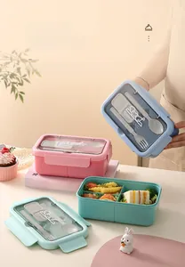 Divided lunch box set with built-in cutlery storage and transparent lid for students