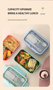 Three colorful multi-compartment bento boxes with cutlery in pink, blue and green colors