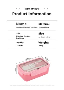 Detailed size chart of pink 1200ml bento box with 21.5x13.5x8cm product dimensions