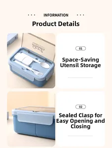 Detail of bento box lid with built-in cutlery storage including spoon and fork set