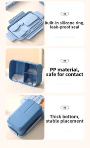Blue plastic bento box detail showing leakproof silicone seal and reusable utensils