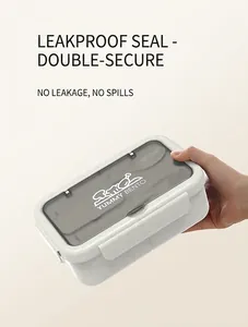 Detail of bento box lid showing airtight leak-proof buckle and translucent gray design