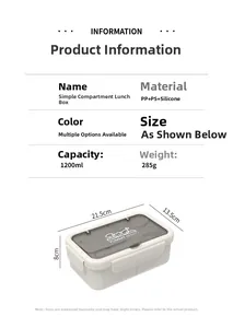 Detailed dimensions of 1200ml bento box with 21.5x13.5x8cm size and dual compartments