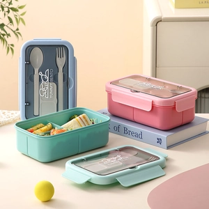 Three colorful plastic bento boxes with utensils, clear lids, and four-sided snap locks