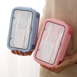 Dual-color bento lunch box with transparent lid and built-in utensil set for school