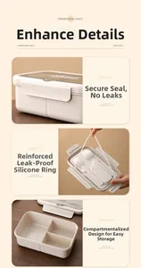 Détail de la boîte bento étanche avec 3 compartiments, couverts et joint silicone
