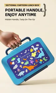 Blue dinosaur cartoon lunch box featuring a portable hidden handle and durable lid