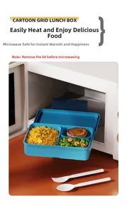 Blue 3-compartment portable lunch box with fork and spoon, microwave safe design