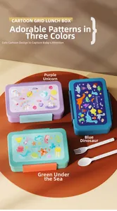 Three-piece partitioned bento box set with unicorn, dinosaur and sea life themes