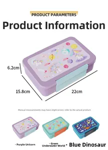Detailed size chart showing 22x15.8x6.2cm dimensions for the portable cartoon lunch box