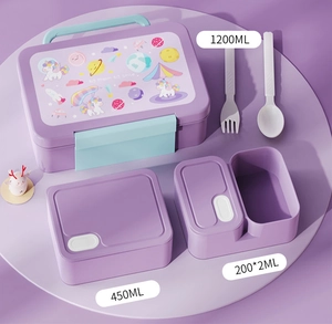 Detail view of 6-piece purple bento lunch box set with compartments and cutlery for kids
