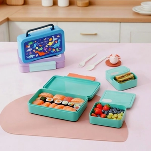 Portable multi-compartment lunch box set with handles and dinosaur prints for kids