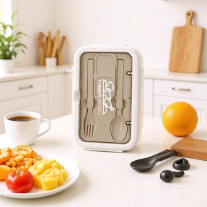 Fiambrera Bento Dividida Portátil Para Adultos Estudiantes Recipiente De Alimentos Apto Para Microondas Con Utensilios Diseño De Paja De Trigo