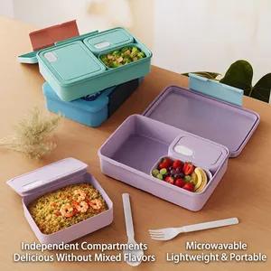 Portable divided lunch box set for students with microwave safe material and utensils