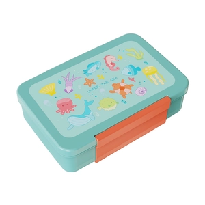 Green kids bento lunch box with orange latches and cartoon sea creatures illustration