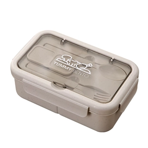 Fiambrera bento portátil beige con juego de cubiertos y tapa transparente