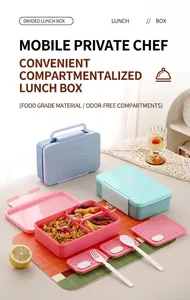 Macro detail of portable divided lunch boxes with handle and utensils in three colors