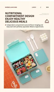 Detail view of mint green 3-compartment lunch box with reusable forks and spoons