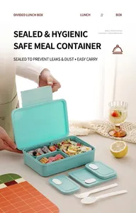 Detail of mint green bento lunch box with three compartments and matching utensils