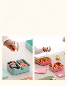 Detail view of compartment bento lunch box with cutlery set for school and office use