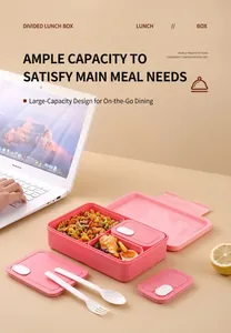 Close-up of the pink divided lunch box with 3 compartments and matching cutlery set