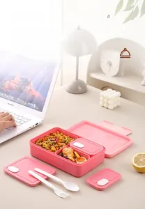 Close-up of the pink divided lunch box with 3 compartments and matching cutlery set