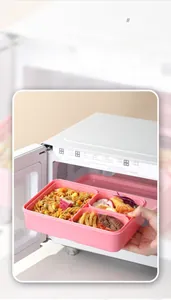 Pink compartmentalized bento box being placed into a microwave for heating demonstration