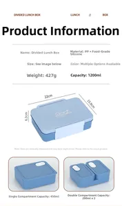 Blue 1200ml bento box featuring three internal compartments and secure snap buckles