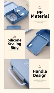 Detail of blue bento box showing PP material, silicone seal, and portable handle design