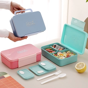 Portable Divided Bento Box Plastic Silicone Leakproof Microwave Safe Lunch Container Handle Spoon Fork For School Office
