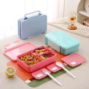Three-compartment portable lunch box with utensils in blue, turquoise, and pink colors