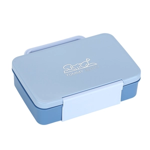 Portable blue bento lunch box with compartments and hidden handle for school and office