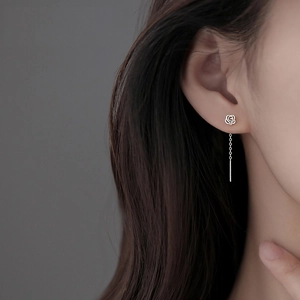 Elegant S925 silver rose tassel threader earrings with sleek hanging bars for women