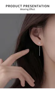 Detail of S925 sterling silver rose drop earrings with long tassel on a female model