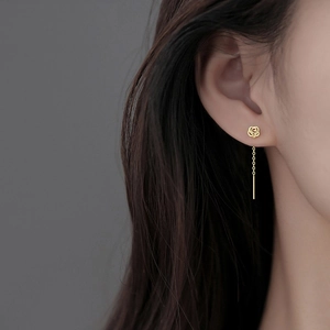 Elegant S925 silver gold-plated rose tassel drop earrings on model for a sleek facial look