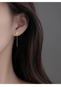 Detail of elegant S925 silver rose tassel earrings on a model showing golden finish