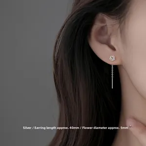 Detail of silver rose threader earring showing 40mm length and 5mm flower diameter