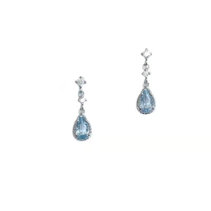 Elegant S925 silver water drop earrings with light blue gems and white crystals on white background