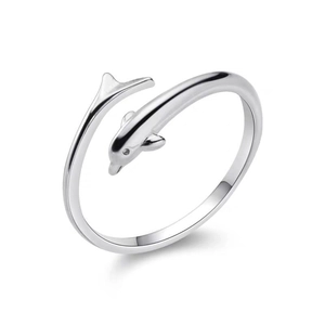 Adjustable S925 sterling silver ring with dolphin and fishtail design for women